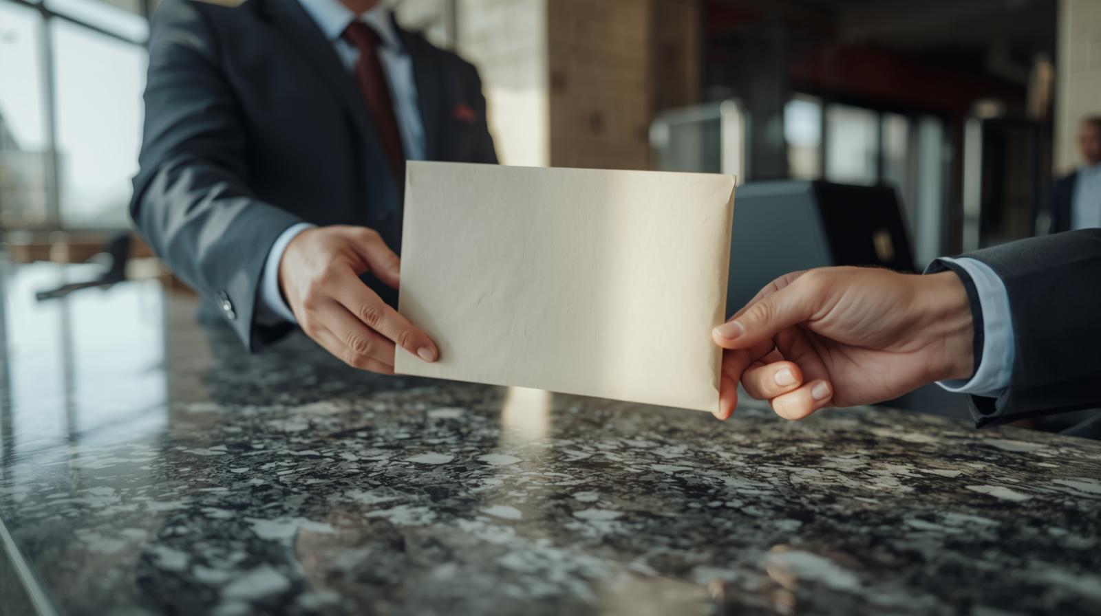 Professional courier delivering sealed legal documents at a courthouse counter, symbolizing reliable court filing and document handling service.
