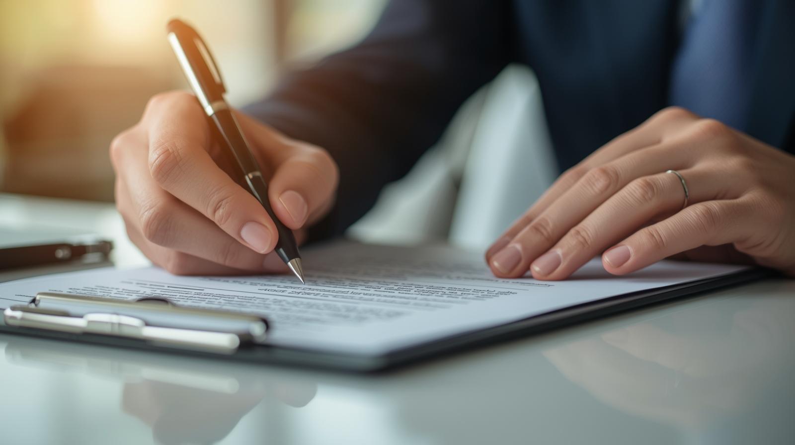 Mobile notary verifying ID and witnessing client signing legal documents at a desk.