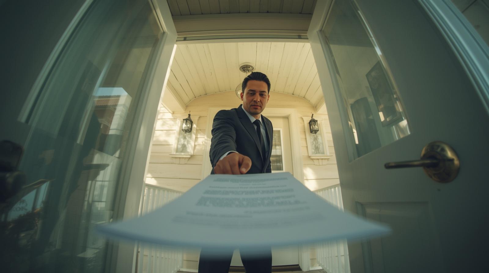 Professional process server delivering summons and complaint documents at a Palm Beach County residence.