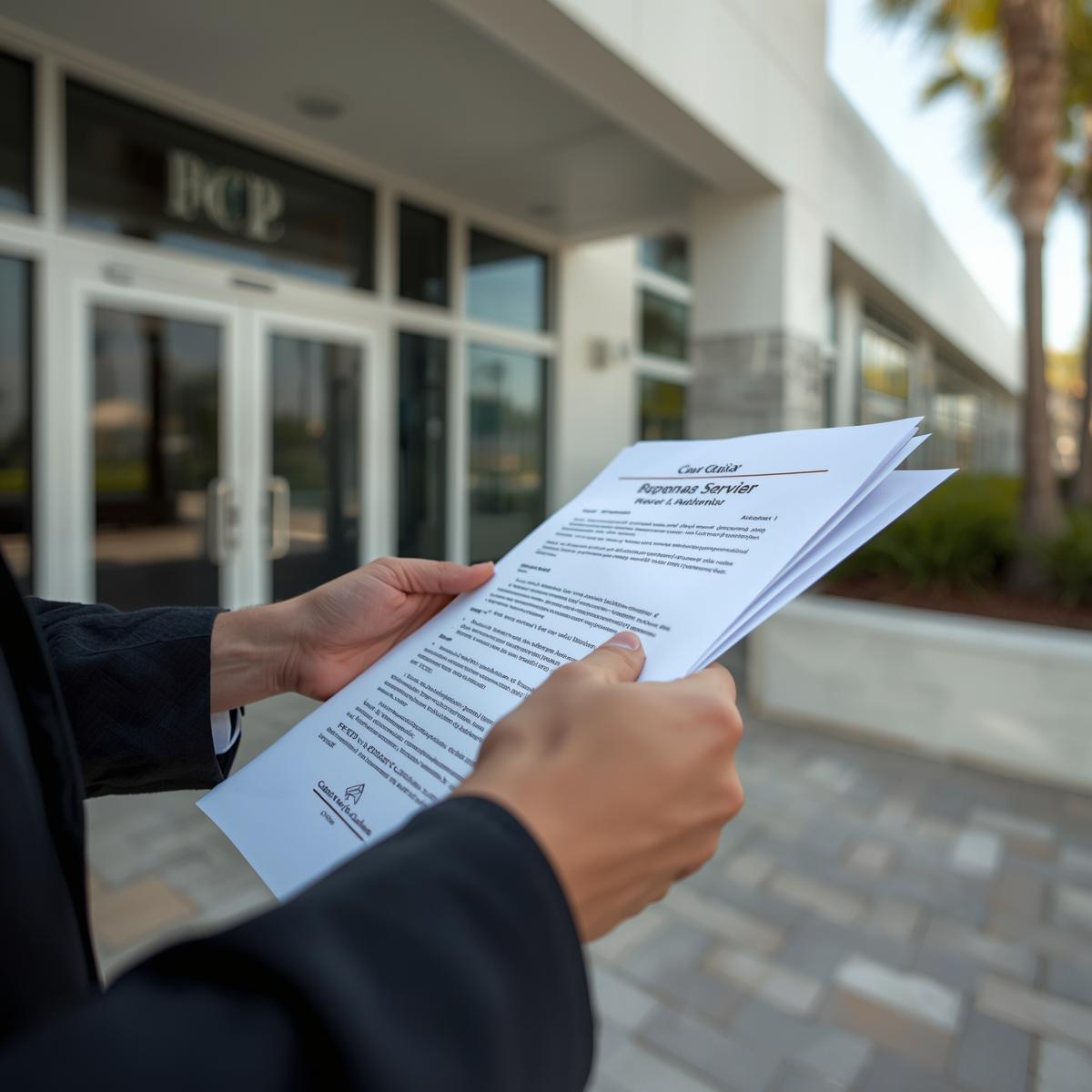 Close-up of a process server holding subpoena documents outside a courthouse in Palm Beach County, Florida.