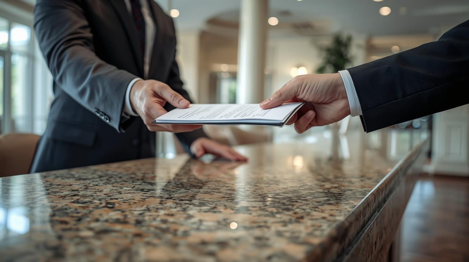 Process server handing writ of garnishment papers to a bank representative in Palm Beach County