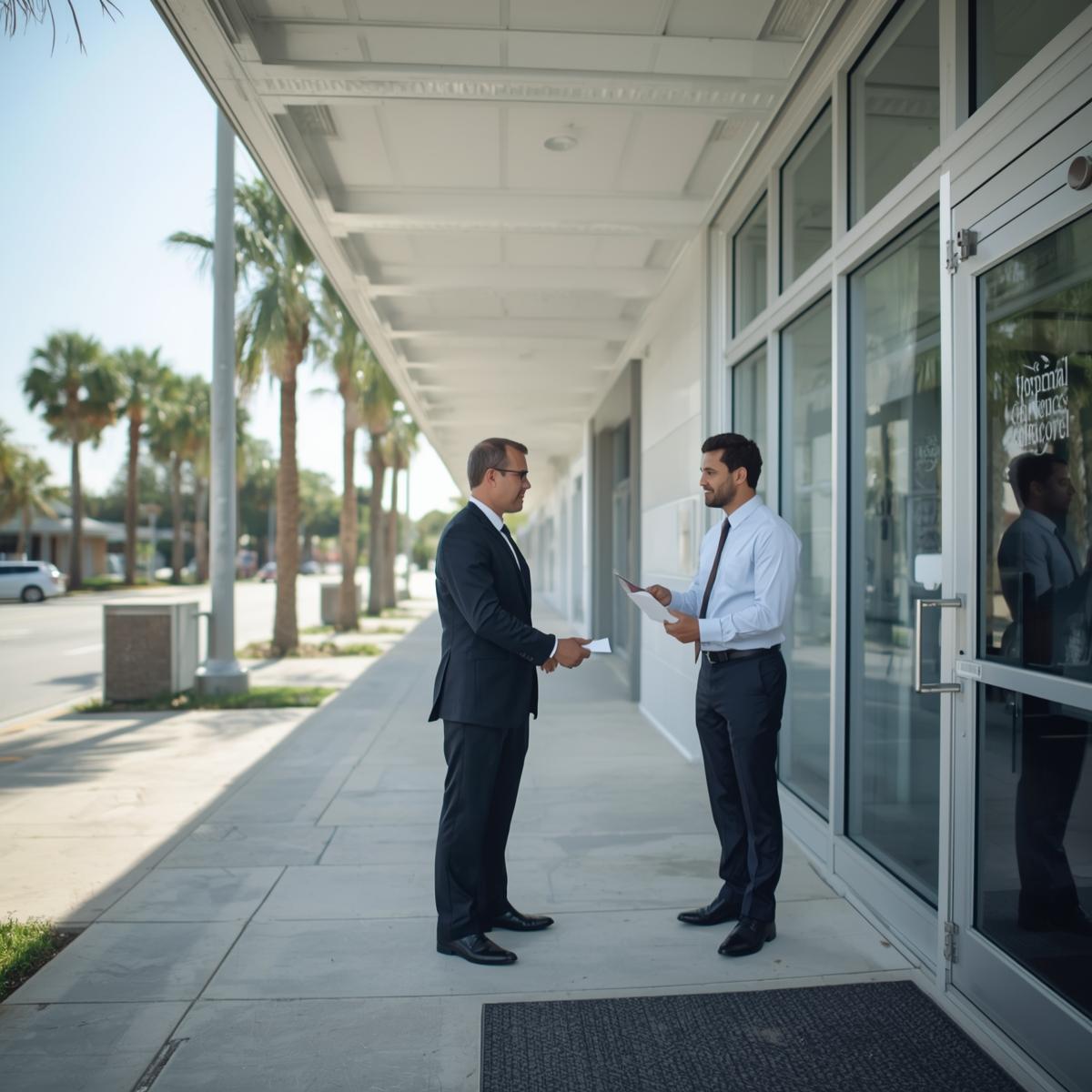 Process server delivering legal documents at an office in Boynton Beach, Florida with palm trees and bright coastal sunlight.