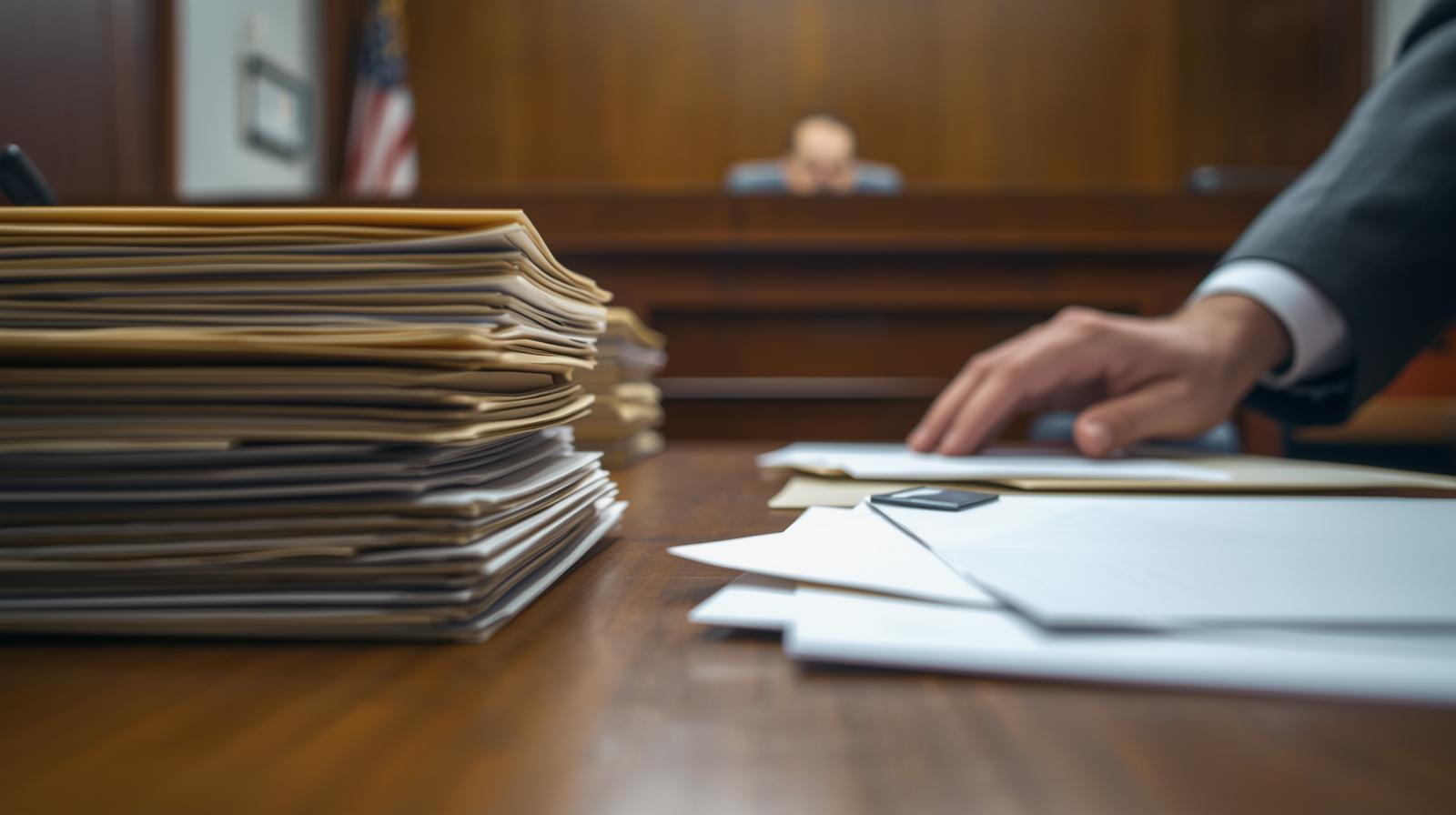 Close-up of legal documents being filed at a courthouse counter.
