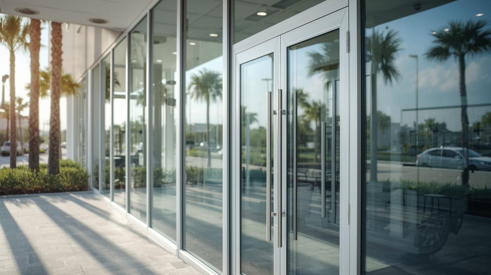 Office building entrance for CT Corporation System in Plantation, Florida with palm trees and glass facade.