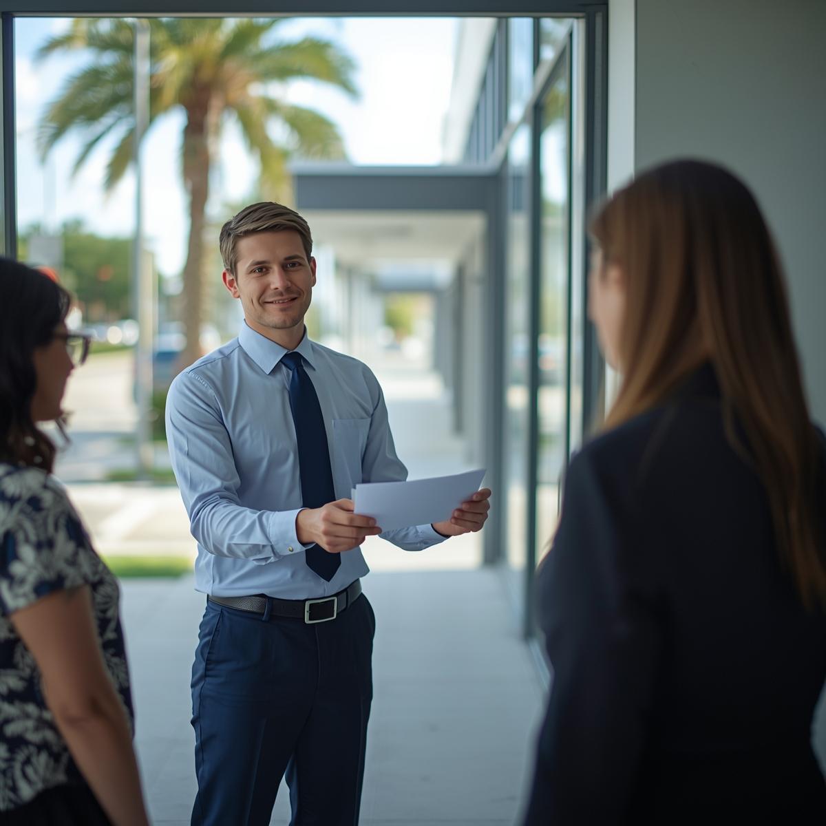 Process server delivering legal documents at an office in Delray Beach, Florida with palm trees and bright sunlight.