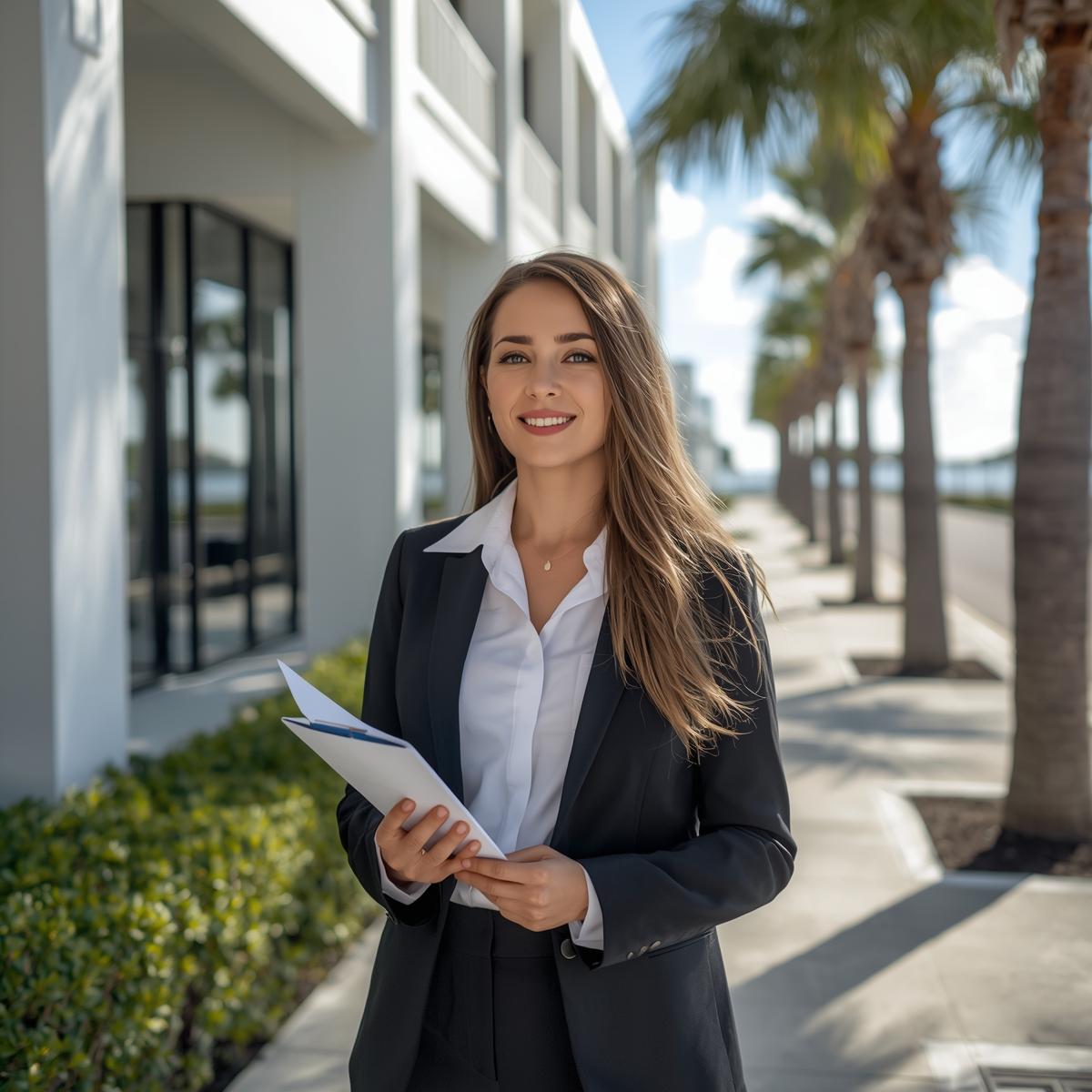 Professional female process server in Jupiter Florida holding legal documents outside an office with palm trees in the background.