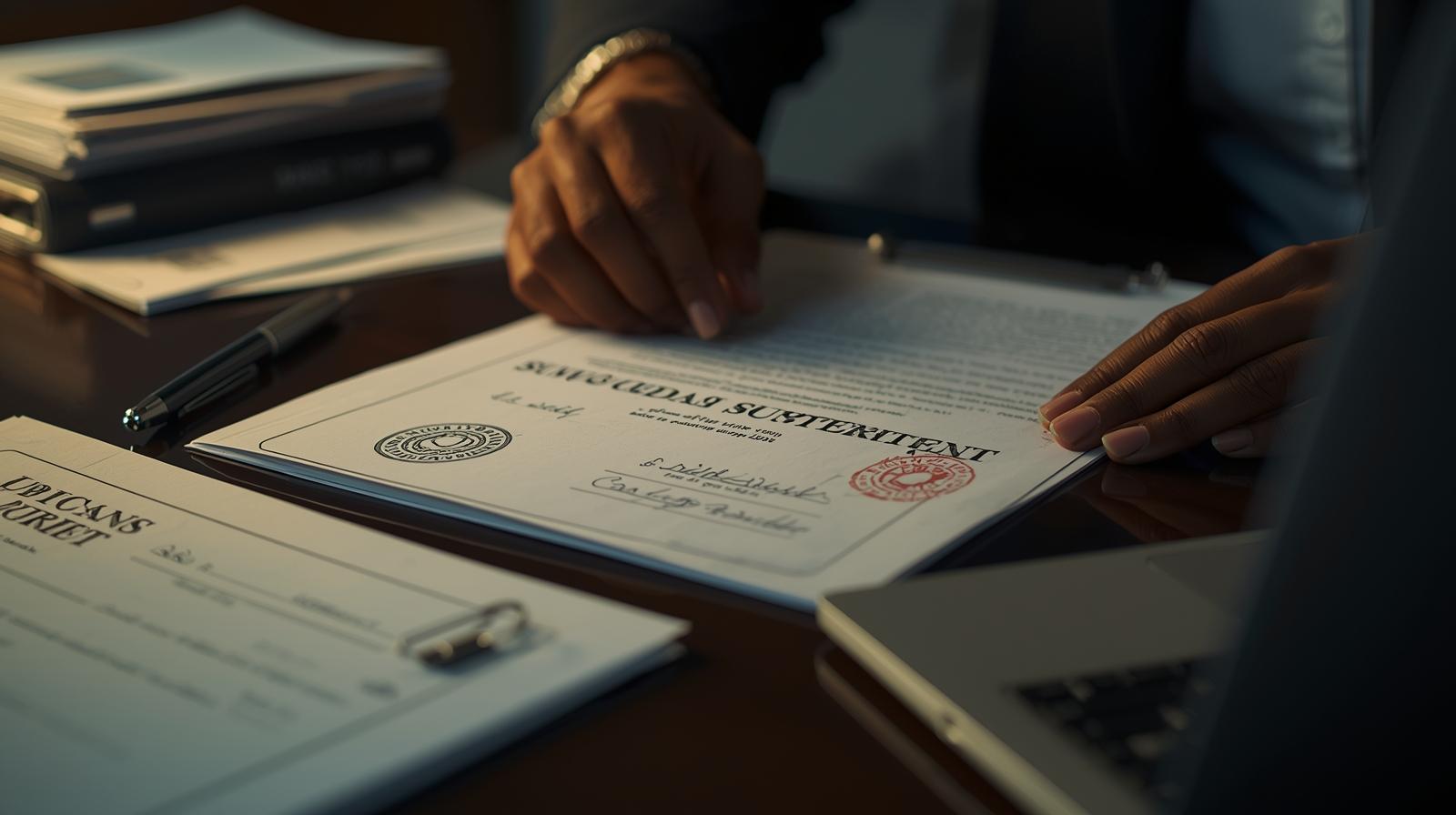 Close-up of legal professional preparing subpoena documents with official paperwork and stamps on a desk.