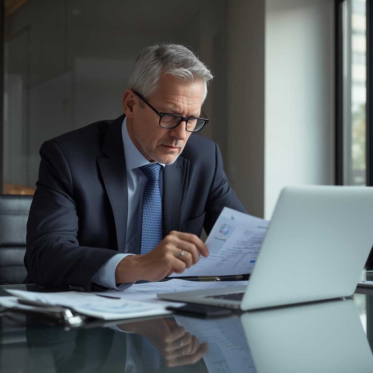 Licensed private investigator reviewing legal documents and digital data in a modern office.
