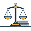 Minimalist navy and gold icon of legal scales beside documents on a white background, representing legal support services for law firms and businesses in Palm Beach County.