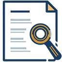 Minimalist navy and gold icon of a magnifying glass over a document on a white background, representing licensed private investigation services in Palm Beach County and South Florida.