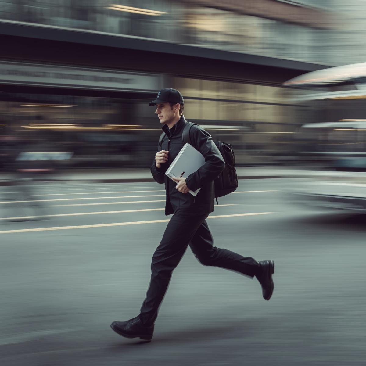 Process server walking quickly through a city street carrying legal documents, symbolizing fast and reliable service.