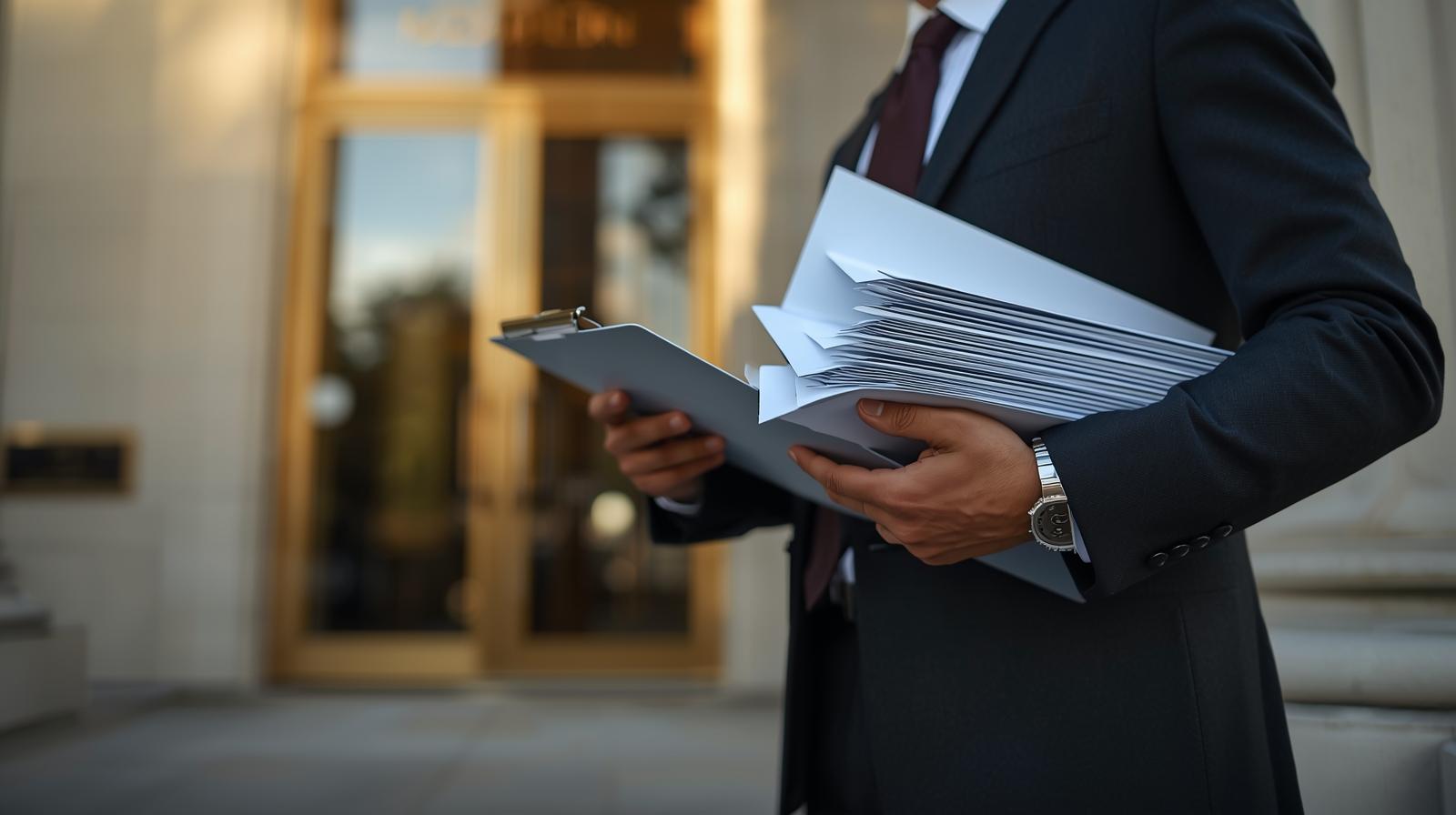 Close-up of process server holding legal documents outside courthouse, symbolizing routine, rush, and priority service speeds.