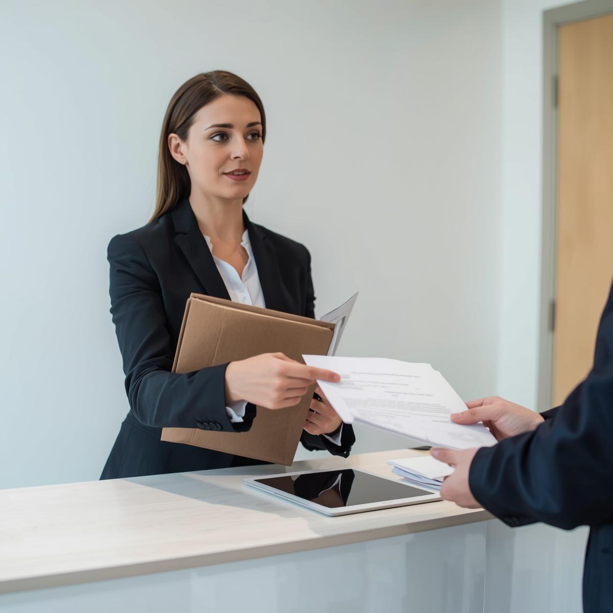Professional process server verifying legal documents at a corporate reception desk.