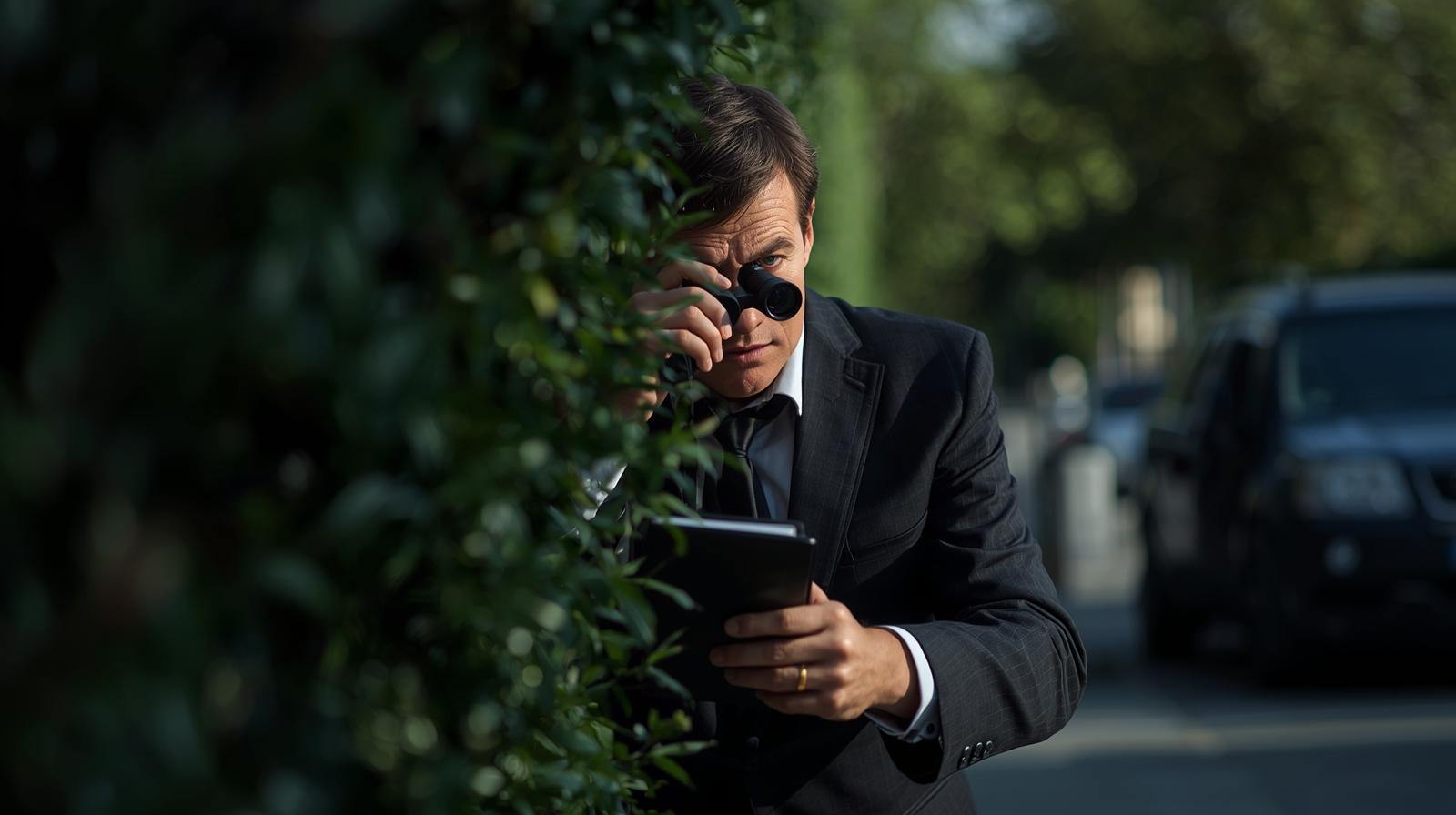 Private investigator conducting lawful outdoor surveillance using binoculars and taking notes, representing discreet and professional investigative observation.